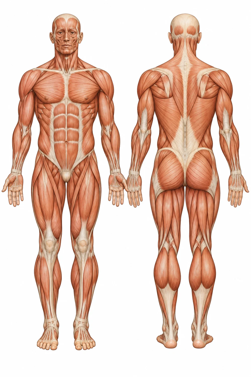 Front and back anatomical illustrations showing the main muscles of the body