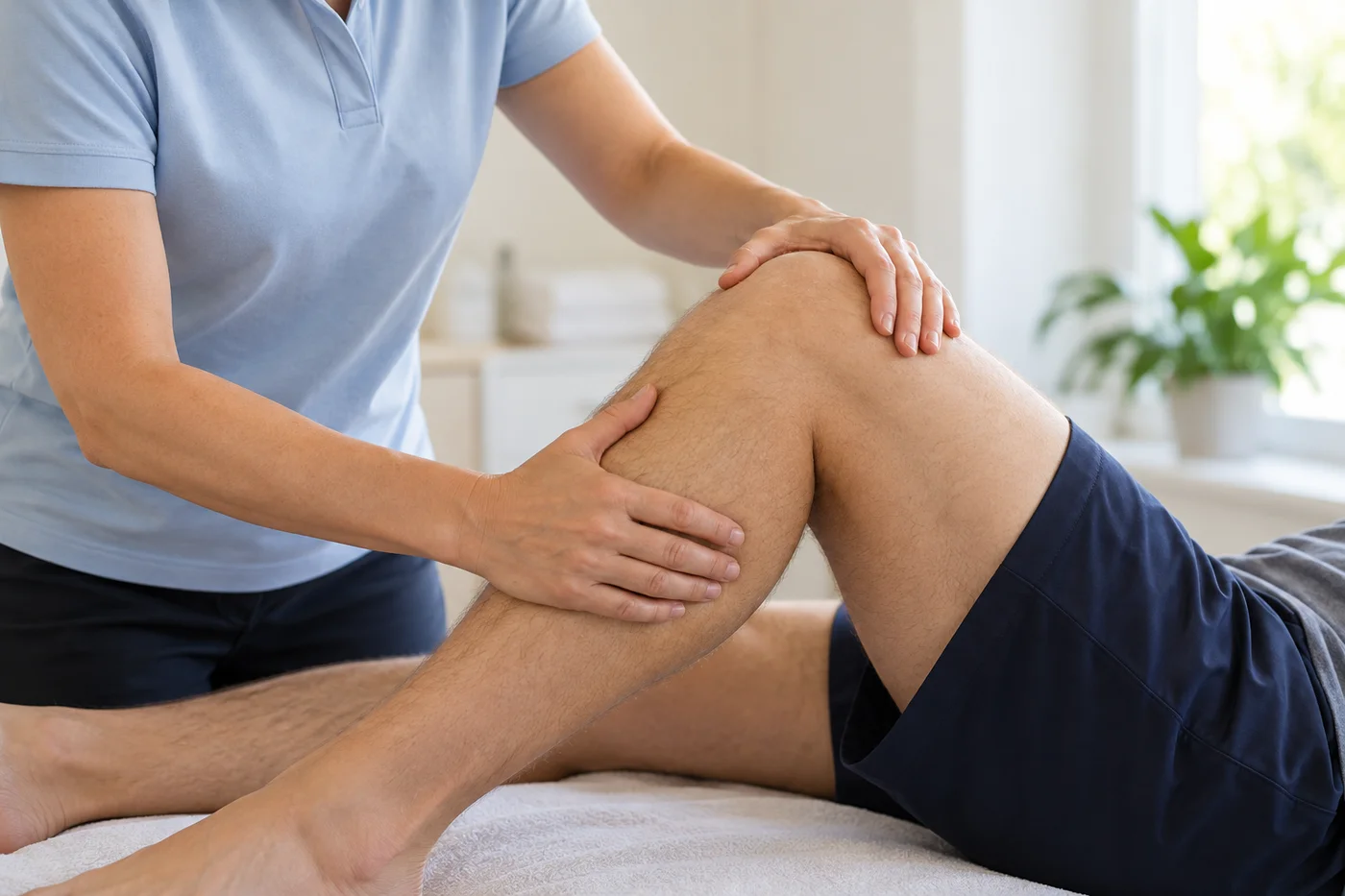 A physiotherapist gently assessing a patient's knee in a bright treatment room